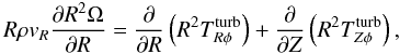 Mathematical equation: \begin{equation} \label{ang_mom_turb_eq} R\rho v_R\frac{\partial R^2 \Omega}{\partial R} = \frac{\partial}{\partial R} \left( R^2 T_{R \phi}^{\rm turb} \right) + \frac{\partial}{\partial Z} \left( R^2 T_{Z \phi}^{\rm turb} \right) , \end{equation}
