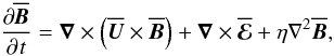 Mathematical equation: \begin{equation} \parder{\meanBB}{t}=\nab\times\left(\meanUU\times\meanBB\right) +\nab\times\meanEMF +\eta\nabla^2\meanBB, \label{eq:dBdt} \end{equation}