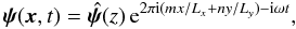 Mathematical equation: \begin{equation} \label{eq:psi} \bm{\psi}(\vec{x},t) = \ithat{\bm{\psi}}(z)\, \mathrm{e}^{2\pi\iunit (m x/L_x+ n y/L_y)-\iunit \omega t}, \end{equation}