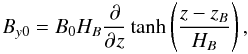 Mathematical equation: \begin{equation} B_{y0} = B_0 H_{B}\parder{}{z}\tanh\left(\frac{z-z_B}{H_{B}}\right), \end{equation}