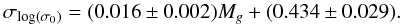 Mathematical equation: \begin{equation} \sigma_{\log(\sigma_{0})}=(0.016 \pm 0.002)M_{g} + (0.434 \pm 0.029). \end{equation}