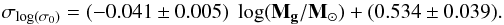 Mathematical equation: \begin{equation} \sigma_{\log(\sigma_{0})}=(-0.041 \pm 0.005)\; \log ({\bf M_{g}}/{\bf M_{\odot}}) + (0.534 \pm 0.039). \end{equation}