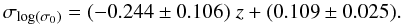 Mathematical equation: \begin{equation} \sigma_{\log(\sigma_{0})}=(-0.244 \pm 0.106)\; z + (0.109 \pm 0.025). \end{equation}
