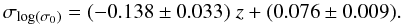 Mathematical equation: \begin{equation} \sigma_{\log(\sigma_{0})}=(-0.138 \pm 0.033)\; z + (0.076 \pm 0.009). \end{equation}