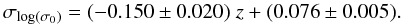 Mathematical equation: \begin{equation} \sigma_{\log(\sigma_{0})}=(-0.150 \pm 0.020)\; z + (0.076 \pm 0.005). \end{equation}