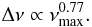 Mathematical equation: \begin{equation} \Delta\nu \propto \nu_{\rm{max}}^{0.77} . \end{equation}