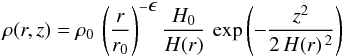 Mathematical equation: \appendix \setcounter{section}{1} \begin{equation} % \rho(r,z) = \rho_0\, \left(\frac{r}{r_0}\right)^{-\textstyle\epsilon} \frac{{H}_0}{H(r)}\, \exp\left(-\frac{z^2}{2\,H(r)^{\,2}}\right) \end{equation}