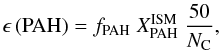 Mathematical equation: \appendix \setcounter{section}{1} \begin{equation} % \epsilon\,({\rm PAH}) = f_{\rm PAH}\;X^{\rm ISM}_{\rm PAH}\; \frac{50}{N_{\rm C}}, \end{equation}