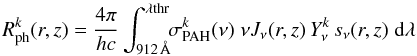 Mathematical equation: \appendix \setcounter{section}{1} \begin{equation} % R^k_{\rm ph}(r,z) = \frac{4\pi}{hc}\int_{912\,\AA}^{\lambda\rm thr} \!\!\sigma_{\rm PAH}^k(\nu) \;\nu J_\nu(r,z)\, Y^k_\nu\, s_\nu(r,z) \;{\rm d}\lambda \end{equation}