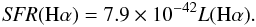 Mathematical equation: \begin{equation} {\it SFR}({\rm H}\alpha)=7.9\times10^{-42} L({\rm H}\alpha). \label{eq3} \end{equation}