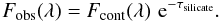 Mathematical equation: \begin{equation} F_{\rm obs}(\lambda)=F_{\rm cont}(\lambda)\, \,{\rm e}^{-\tau_{\rm silicate}}. \end{equation}