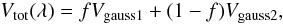 Mathematical equation: \appendix \setcounter{section}{2} \begin{equation} V_{\rm tot}(\lambda) = f V_{\rm gauss 1} + (1-f) V_{\rm gauss 2},\label{Vgauss12} \end{equation}