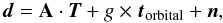 Mathematical equation: \begin{equation} \vec{d} = \mathbf{A} \cdot \vec{T} + g \times \vec{t}_{\rm orbital} + \vec{n}, \end{equation}