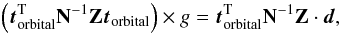 Mathematical equation: \begin{equation} \left( \vec{t}_{\rm orbital}^{\rm T} \mathbf{N}^{-1} \mathbf{Z} \vec{t}_{\rm orbital} \right) \times g = \vec{t}_{\rm orbital}^{\rm T} \mathbf{N}^{-1} \mathbf{Z} \cdot \vec{d}, \label{eq:calibration} \end{equation}