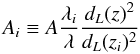 Mathematical equation: $$ A_i \equiv A \frac{\lambda_i}{\lambda} \frac{d_L(z)^2}{d_L(z_i)^2} $$