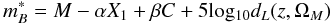 Mathematical equation: $$ m_B^* = M - \alpha X_1 + \beta C + 5 {\rm log_{10}} d_{L}(z,\Omega_M)$$