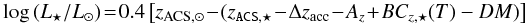 Mathematical equation: $$\log\left(L_{\star}/L_{\odot}\right)\!=\!0.4 \left[z_{{\rm ACS},\odot}\!-\!(z_{{\tt ACS},\star}\!-\!\Delta {z}_{\rm acc}\!-\!A_{z}\!+\!BC_{z,\star}(T)-DM)\right] $$