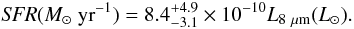 Mathematical equation: \begin{equation} {\it SFR} (M_{\odot}~{\rm yr}^{-1}) = 8.4^{+4.9}_{-3.1} \times 10^{-10} L_{8~\mu{\rm m}}(L_{\odot}). \label{eq:sfr1} \end{equation}