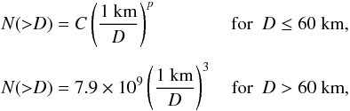 Mathematical equation: \begin{eqnarray} &&N({>}D) = C \left(\frac{1~\text{km}}{D}\right)^{p} \hspace*{14mm}\text{for} ~~ D \leq 60~\text{km}, \nonumber \\[1.5mm] \label{e33} &&N({>}D) = 7.9 \times 10^{9} \left(\frac{1~\text{km}}{D}\right)^{3} \quad\text{for} ~~ D > 60~\text{km}, \end{eqnarray}