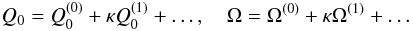 Mathematical equation: \begin{equation} \label{eq:expand_approx} Q_0 = Q_0^{(0)} + \kappa Q_0^{(1)} + \dots, \quad \Omega = \Omega^{(0)} + \kappa \Omega^{(1)} + \dots \end{equation}