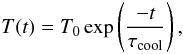 Mathematical equation: \begin{equation} \label{eq:temp} T(t)=T_0\exp\left(\frac{-t}{\tau_{\rm{cool}}}\right), \end{equation}