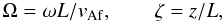 Mathematical equation: \begin{equation} \label{eq:non-dim} \Omega=\omega L/v_{\rm Af}, \qquad \zeta = z/L, \end{equation}