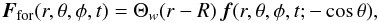 Mathematical equation: \begin{equation} \FF_{\rm for}(r,\theta,\phi,t)=\Theta_w(r-R)\,\ff(r,\theta,\phi,t;-\cos\theta), \label{ForcingFunction} \end{equation}