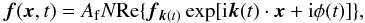 Mathematical equation: \begin{equation} \ff(\xx,t)=\Af N{\rm Re}\{\ff_{\kk(t)}\exp[\ii\kk(t)\cdot\xx+\ii\phi(t)]\}, \label{Af} \end{equation}