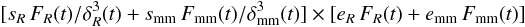 Mathematical equation: $$[s_R \, F_R(t)/\delta_R^3(t) + s_{\rm mm} \,F_{\rm mm}(t)/\delta_{\rm mm}^3(t)] \times [e_R \, F_R(t) + e_{\rm mm} \, F_{\rm mm}(t)]$$