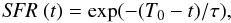 Mathematical equation: \begin{equation} {\it SFR}~(t) = \exp(-(T_0-t)/\tau), \end{equation}