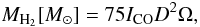 Mathematical equation: \begin{equation} M_{\rm H_2} [M_\odot] = 75 I_{\rm CO} D^2 \Omega , \label{cal_mol_mass} \end{equation}