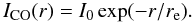 Mathematical equation: \begin{equation} I_{\rm CO}(r) = I_{0} \exp(-r/r_{\rm e}). \label{exp_disk} \end{equation}