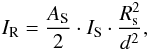 Mathematical equation: \begin{equation} \label{reflexion} I_{\rm R}=\frac{A_{\rm S}}{2}\cdot I_{\rm S}\cdot \frac{R_{\rm s}^2}{d^2}, \end{equation}
