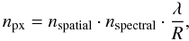 Mathematical equation: \appendix \setcounter{section}{1} \begin{equation} \label{numberpix} n_{\rm{px}}= n_{\rm{spatial}}\cdot n_{\rm{spectral}} \cdot \frac{\lambda}{R}, \end{equation}