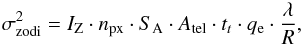 Mathematical equation: \appendix \setcounter{section}{1} \begin{equation} \label{zodinoise} \sigma_{\rm{zodi}}^2=I_{\rm Z}\cdot n_{\rm{px}} \cdot S_{\rm A} \cdot A_{\rm{tel}} \cdot t_t \cdot q_{\rm e} \cdot \frac{\lambda}{R}, \end{equation}