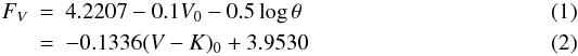 Mathematical equation: \begin{eqnarray} F_V & = & 4.2207 - 0.1 V_0 - 0.5 \log \theta\\ & = & -0.1336 (V-K)_0 + 3.9530 \end{eqnarray}