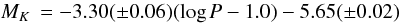 Mathematical equation: \begin{equation} \label{eq.logPMkALL} \Mk = -3.30(\pm0.06) (\log P - 1.0) - 5.65(\pm0.02) \end{equation}