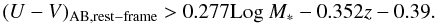 Mathematical equation: \begin{equation} (U-V)_{\rm AB, rest-frame}>0.277 \Log M_\ast -0.352 z -0.39. \end{equation}