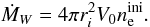 Mathematical equation: \begin{equation} \dot{M}_W = 4\pi r_i^{2} V_{0}n_{\rm e}^{\rm ini}. \label{eq:mwind} \end{equation}