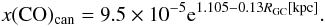 Mathematical equation: \begin{equation} x({\rm CO})_{\rm can}=9.5\times10^{-5}{\rm e}^{1.105-0.13R_{\rm GC}[{\rm kpc}]} . \end{equation}
