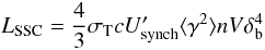 Mathematical equation: \appendix \setcounter{section}{1} \begin{equation} L_{\rm SSC}=\frac{4}{3}\sigma _{\rm T} c U^{\prime}_{\rm synch} \langle \gamma ^2\rangle n V \delta _{\rm b}^4 \end{equation}