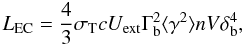 Mathematical equation: \appendix \setcounter{section}{1} \begin{equation} L_{\rm EC}=\frac{4}{3}\sigma _{\rm T} c U_{\rm ext} \Gamma _{\rm b}^2 \langle\gamma ^2\rangle n V \delta _{\rm b}^4, \end{equation}