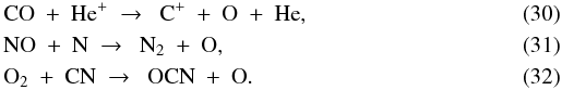 Mathematical equation: \begin{eqnarray} \label{eq:co+hep} &&{\rm CO}\ +\ {\rm He}^+\ \to\ \ {\rm C}^+\ +\ {\rm O}\ +\ {\rm He}, \\ \label{eq:no+n} &&{\rm NO}\ +\ {\rm N}\ \to\ \ {\rm N}_2\ +\ {\rm O}, \\ \label{eq:o2+cn} &&{\rm O}_2\ +\ {\rm CN}\ \to\ \ {\rm OCN}\ +\ {\rm O}. \end{eqnarray}