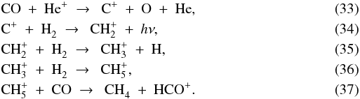 Mathematical equation: \begin{eqnarray} \label{eq:co+hep-2} &&{\rm CO}\ +\ {\rm He}^+\ \to\ \ {\rm C}^+\ +\ {\rm O}\ +\ {\rm He}, \\ \label{eq:cp+h2} &&{\rm C}^+\ +\ {\rm H}_2^{}\ \to\ \ {\rm CH}_2^+\ +\ h\nu, \\ \label{eq:ch2p+h2-2} &&{\rm CH}_2^+\ +\ {\rm H}_2^{}\ \to\ \ {\rm CH}_3^+\ +\ {\rm H}, \\ \label{eq:ch3p+h2} &&{\rm CH}_3^+\ +\ {\rm H}_2^{}\ \to\ \ {\rm CH}_5^+, \\ \label{eq:ch5p+co} &&{\rm CH}_5^+\ +\ {\rm CO}\ \to\ \ {\rm CH}_4^{}\ +\ {\rm HCO}^+. \end{eqnarray}