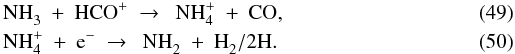 Mathematical equation: \begin{eqnarray} \label{eq:nh3+hcop}&&{\rm NH}_3^{}\ +\ {\rm HCO}^+\ \to\ \ {\rm NH}_4^+\ +\ {\rm CO}, \\ \label{eq:nh4p+e-2}&&{\rm NH}_4^+\ +\ {\rm e}^-\ \to\ \ {\rm NH}_2^{}\ +\ {\rm H}_2^{}/2{\rm H}. \end{eqnarray}