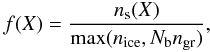 Mathematical equation: \begin{equation} \label{eq:desf} f(X) = \frac{n_{\rm s}(X)}{\max(n_{\rm ice},N_{\rm b}n_{\rm gr})} , \end{equation}