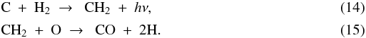 Mathematical equation: \begin{eqnarray} \label{eq:c+h2}&&{\rm C}\ +\ {\rm H}_2\ \to\ \ {\rm CH}_2\ +\ h\nu , \\[0.5mm] \label{eq:ch2+o}&&{\rm CH}_2\ +\ {\rm O}\ \to\ \ {\rm CO}\ +\ 2{\rm H} . \end{eqnarray}
