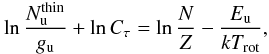 Mathematical equation: \begin{equation} \ln \frac{N^{\mathrm{thin}}_{\rm u}}{g_{\rm u}} + \ln C_{\tau} = \ln \frac{N}{Z} - \frac{E_{\rm u}}{k\Trot}, \end{equation}