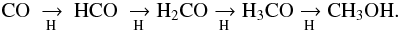 Mathematical equation: \begin{eqnarray*} {\rm CO} ~\xrightarrow[\h]{} ~{\rm HCO} ~\xrightarrow[\h]{} \hhco \xrightarrow[\h]{} \hhhco \xrightarrow[\h]{} \chhhoh. \end{eqnarray*}