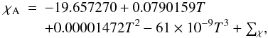 Mathematical equation: \begin{eqnarray} \label{Eq:CHI} \chi_{\rm A} &=& -19.657270 + 0.0790159T \\ \nonumber &&+ 0.00001472T^2 - 61\times 10^{-9}T^3 + {\textstyle \sum_\chi}, \end{eqnarray}